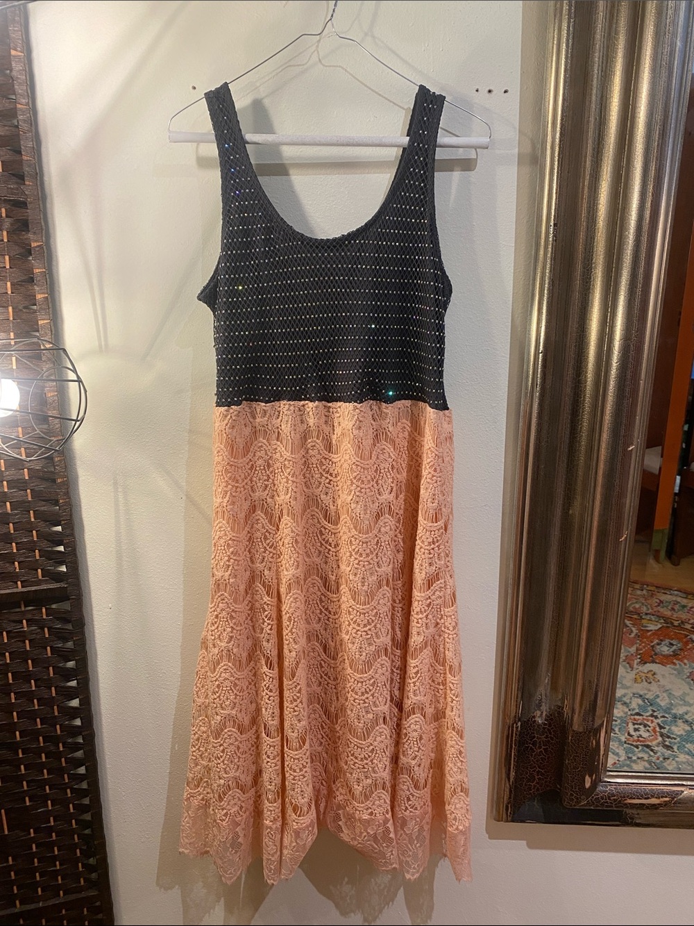 OOAK Upcycled rhinestone charcoal Sleeveless top w/ Peach Lace Skirt Dress